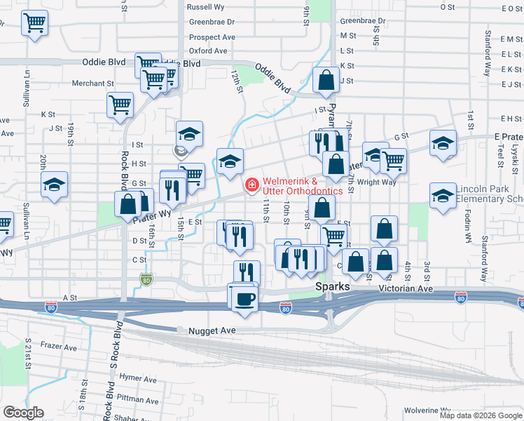 map of restaurants, bars, coffee shops, grocery stores, and more near 529 11th Street in Sparks