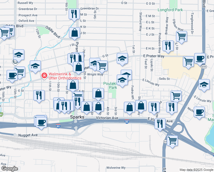 map of restaurants, bars, coffee shops, grocery stores, and more near 545 4th Street in Sparks