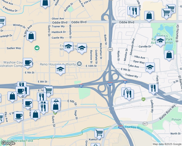 map of restaurants, bars, coffee shops, grocery stores, and more near 1830 East 9th Street in Reno