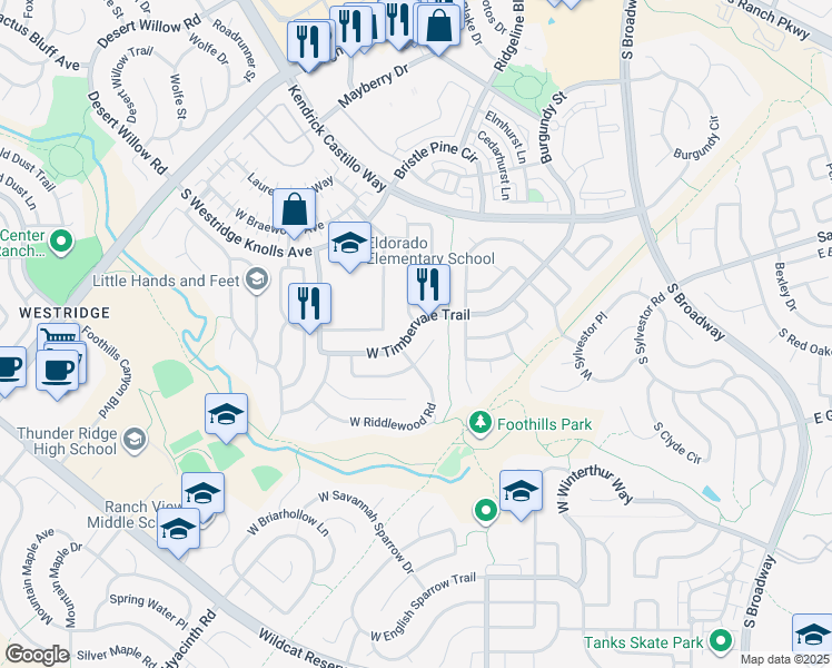 map of restaurants, bars, coffee shops, grocery stores, and more near 920 Timbervale Trail in Littleton