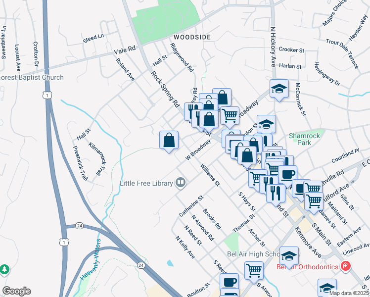 map of restaurants, bars, coffee shops, grocery stores, and more near 101H Nichols Street in Bel Air