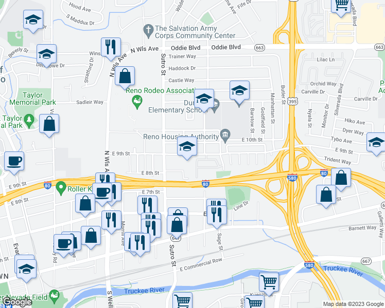 map of restaurants, bars, coffee shops, grocery stores, and more near 1341 East 9th Street in Reno