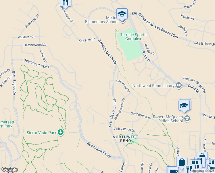 map of restaurants, bars, coffee shops, grocery stores, and more near 2371 Red Maple Court in Reno