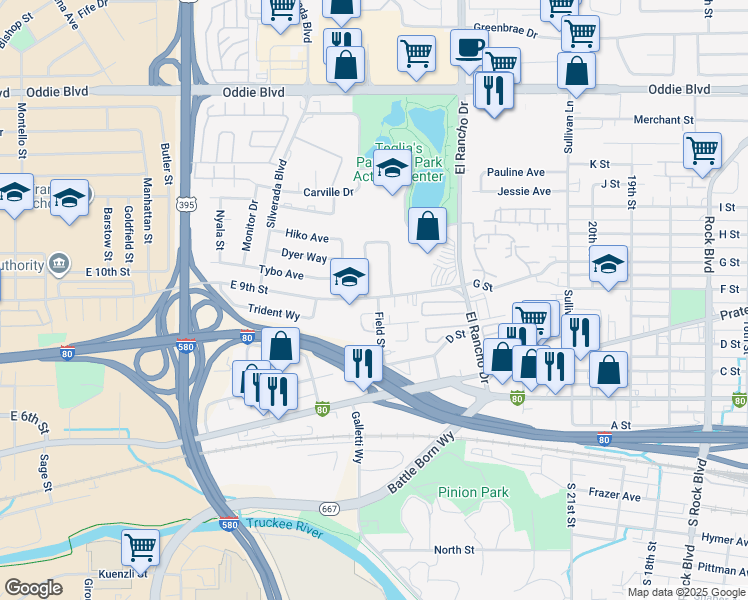 map of restaurants, bars, coffee shops, grocery stores, and more near 2600 G. Street in Sparks