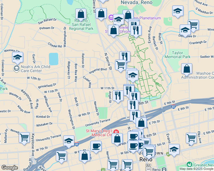 map of restaurants, bars, coffee shops, grocery stores, and more near 265 West 11th Street in Reno
