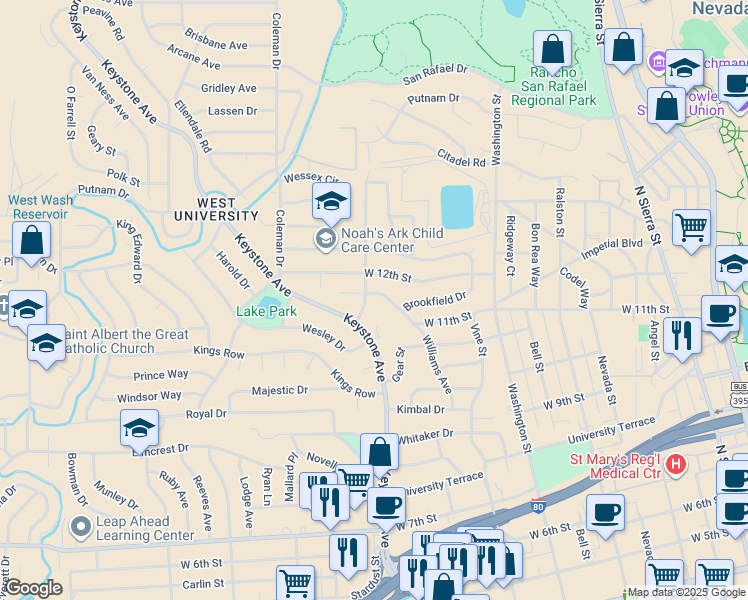 map of restaurants, bars, coffee shops, grocery stores, and more near 1070 Alturas Avenue in Reno