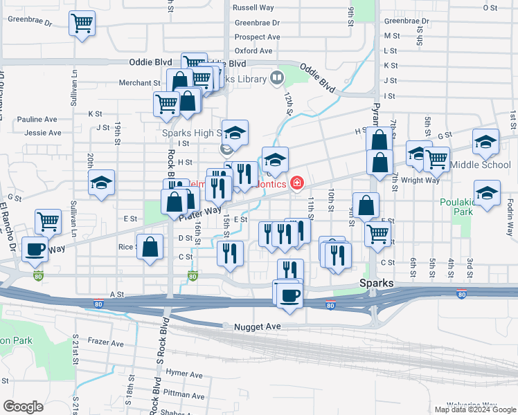map of restaurants, bars, coffee shops, grocery stores, and more near 521 13th Street in Sparks