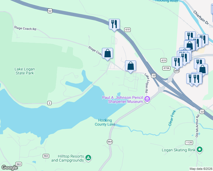 map of restaurants, bars, coffee shops, grocery stores, and more near 30485 Lake Logan Road in Logan