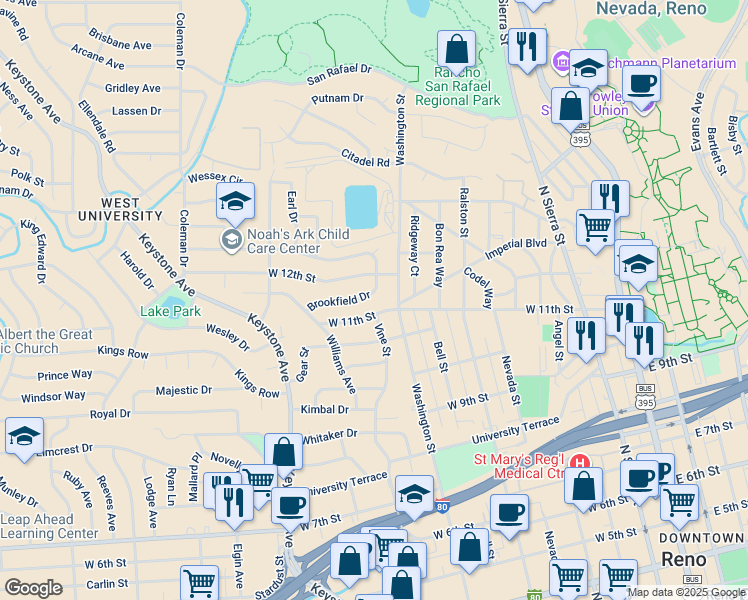 map of restaurants, bars, coffee shops, grocery stores, and more near 740 Brookfield Dr in Reno