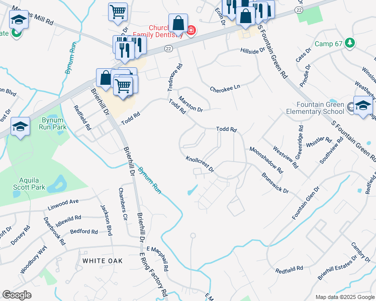 map of restaurants, bars, coffee shops, grocery stores, and more near 1311 Sheridan Place in Bel Air