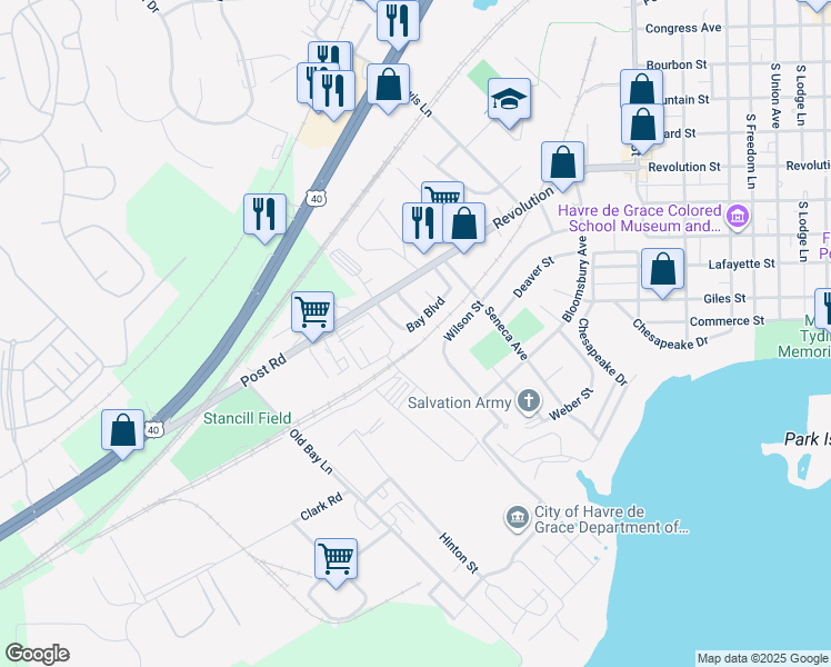 map of restaurants, bars, coffee shops, grocery stores, and more near 134 Bay Boulevard in Havre de Grace