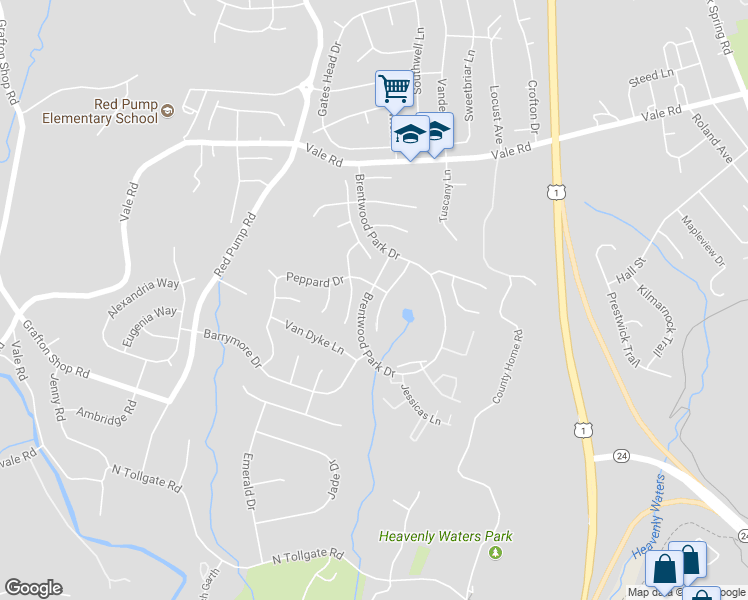 map of restaurants, bars, coffee shops, grocery stores, and more near 913 Hepburn Lane in Bel Air