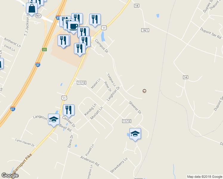 map of restaurants, bars, coffee shops, grocery stores, and more near 24 Ritter Drive in Martinsburg