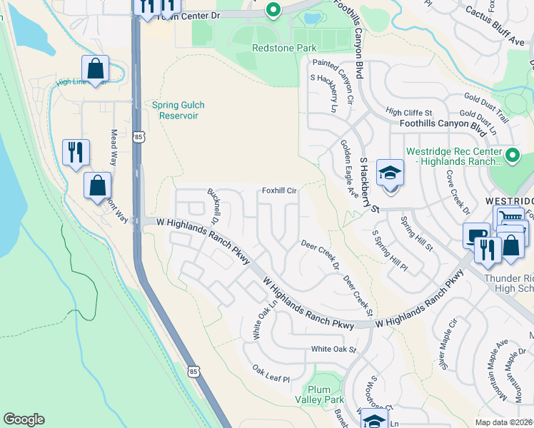 map of restaurants, bars, coffee shops, grocery stores, and more near 9785 S Rock Dove Ln in Littleton