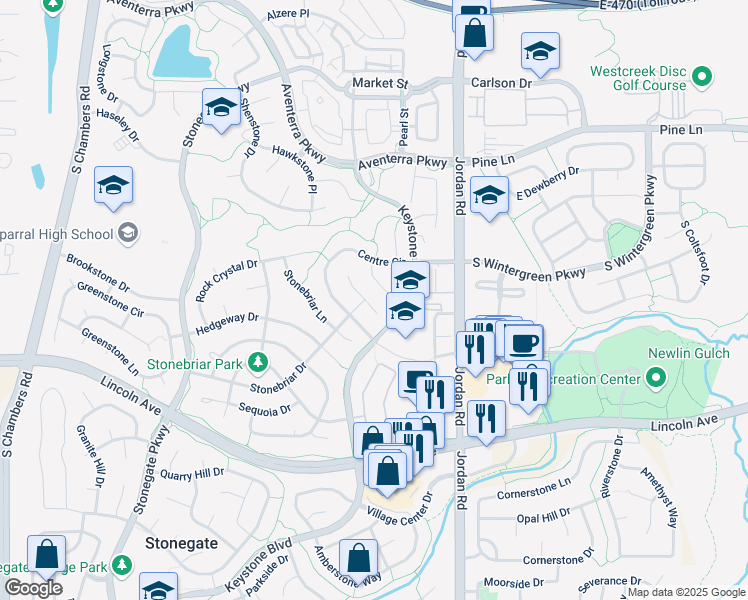 map of restaurants, bars, coffee shops, grocery stores, and more near 16550 Stonebriar Drive in Parker