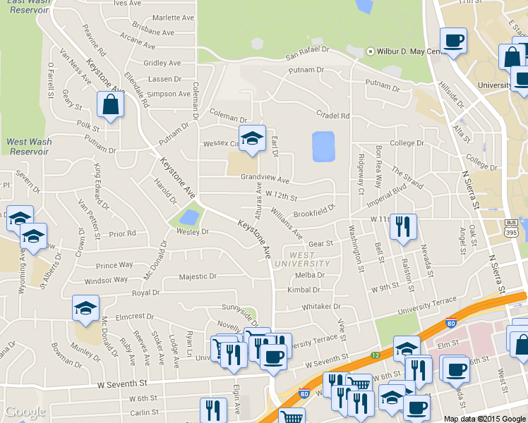 map of restaurants, bars, coffee shops, grocery stores, and more near 1070 Alturas Avenue in Reno