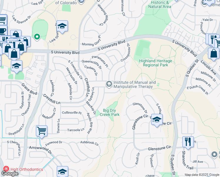 map of restaurants, bars, coffee shops, grocery stores, and more near 9800 Sydney Lane in Littleton