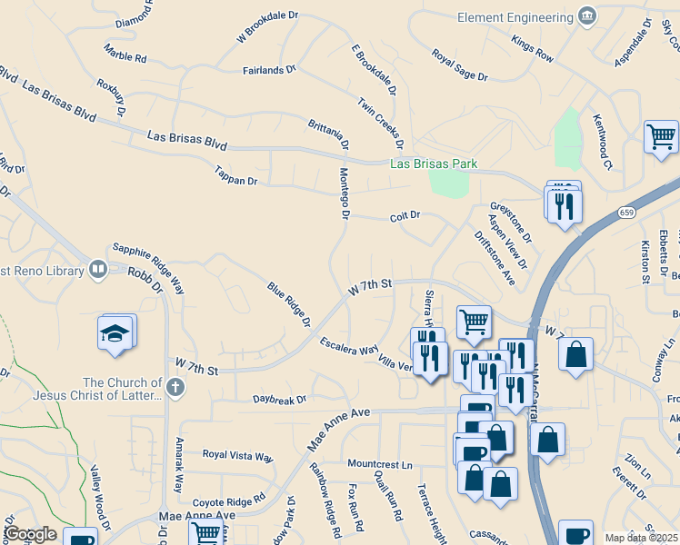 map of restaurants, bars, coffee shops, grocery stores, and more near 2535 Rio Rico Court in Reno