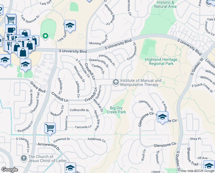 map of restaurants, bars, coffee shops, grocery stores, and more near 9802 Bathurst Way in Littleton