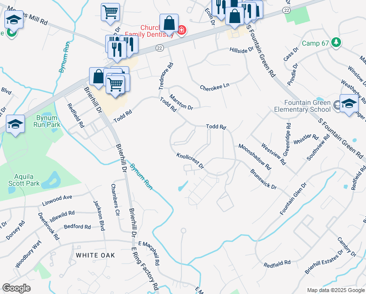 map of restaurants, bars, coffee shops, grocery stores, and more near 1309L Sheridan Place in Bel Air