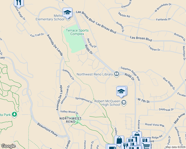 map of restaurants, bars, coffee shops, grocery stores, and more near 2425 Bentley Drive in Reno