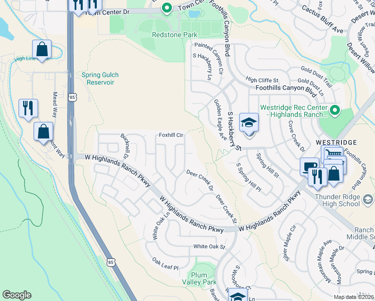 map of restaurants, bars, coffee shops, grocery stores, and more near 9869 Foxhill Circle in Littleton