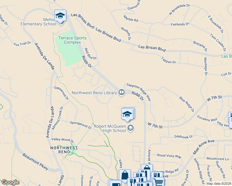 map of restaurants, bars, coffee shops, grocery stores, and more near 6374 Everest Drive in Reno