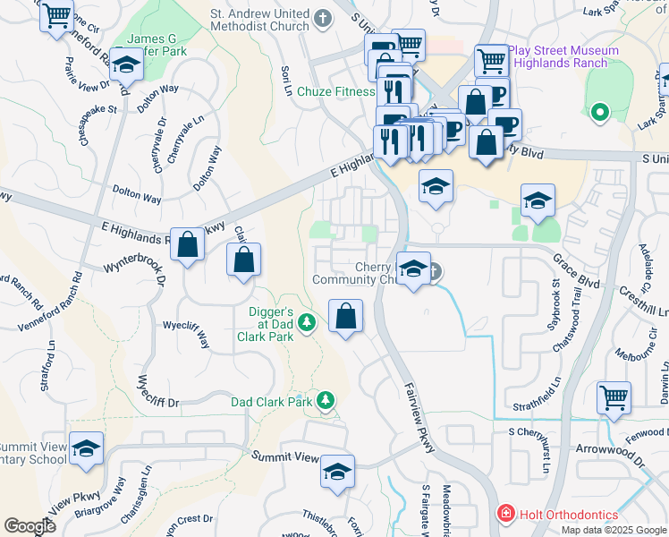 map of restaurants, bars, coffee shops, grocery stores, and more near 9686 Dunning Circle in Littleton