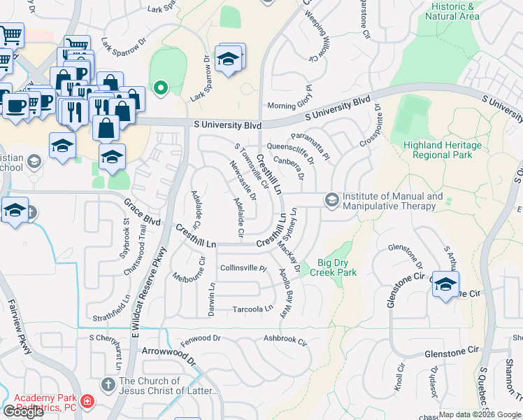 map of restaurants, bars, coffee shops, grocery stores, and more near 9754 Newcastle Drive in Littleton