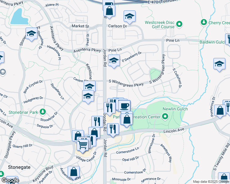 map of restaurants, bars, coffee shops, grocery stores, and more near 9608 Deer Horn Court in Parker