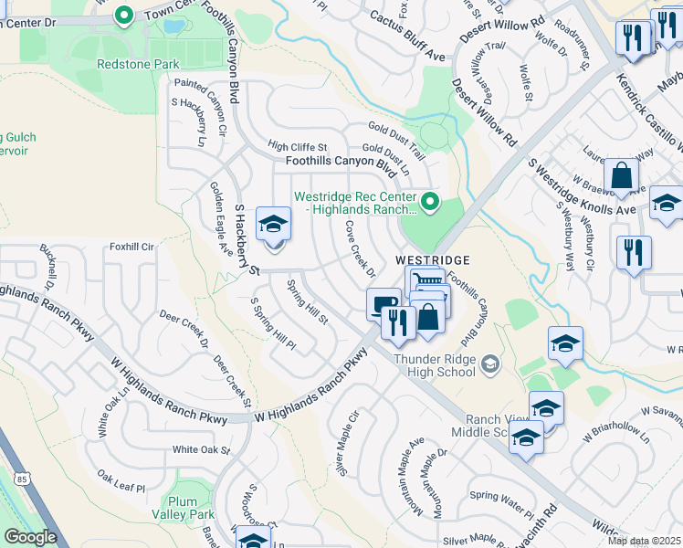 map of restaurants, bars, coffee shops, grocery stores, and more near 9723 Autumnwood Place in Littleton