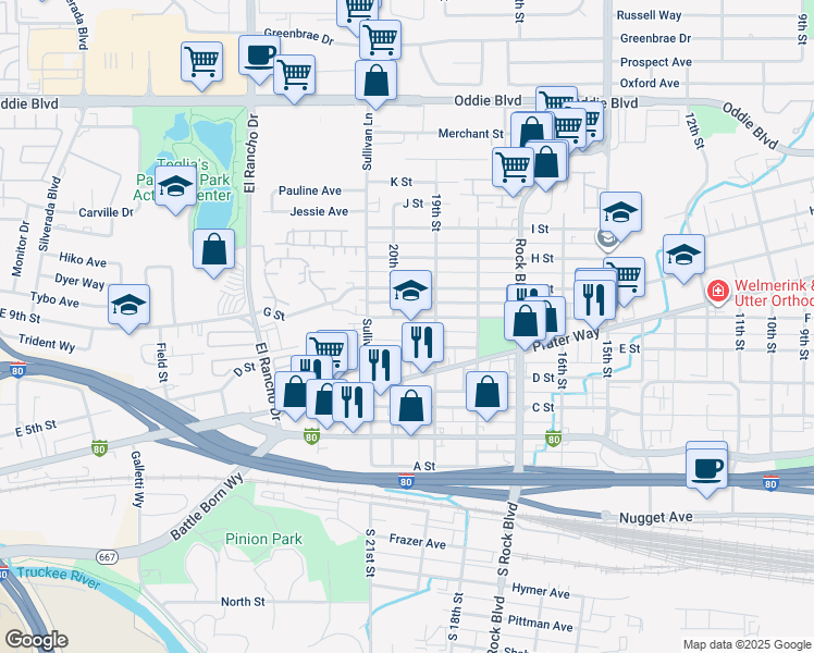 map of restaurants, bars, coffee shops, grocery stores, and more near 1925 F Street in Sparks