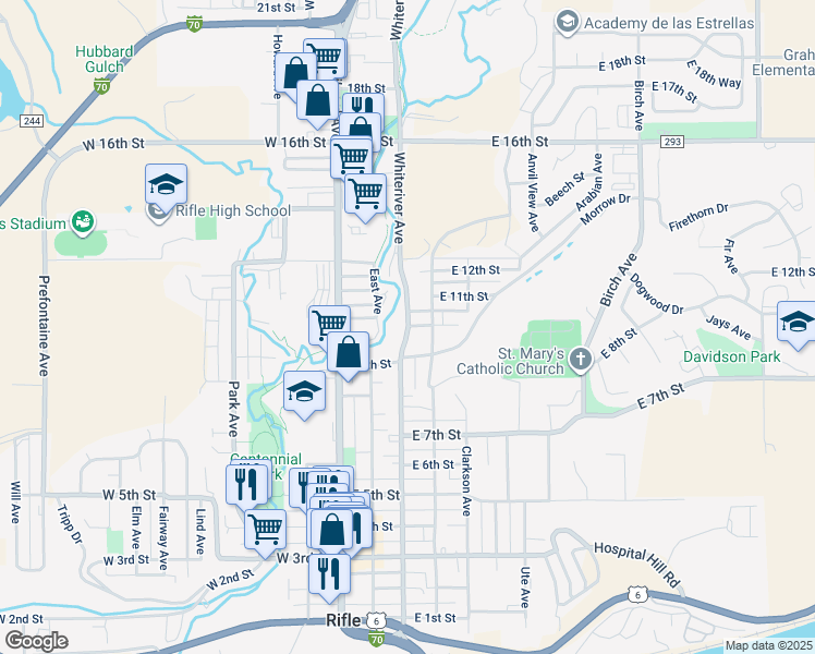 map of restaurants, bars, coffee shops, grocery stores, and more near 1131 Whiteriver Avenue in Rifle