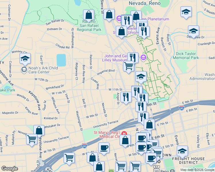 map of restaurants, bars, coffee shops, grocery stores, and more near 1101 The Strand in Reno