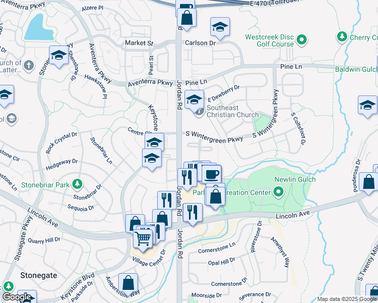 map of restaurants, bars, coffee shops, grocery stores, and more near 9579 Deer Horn Court in Parker