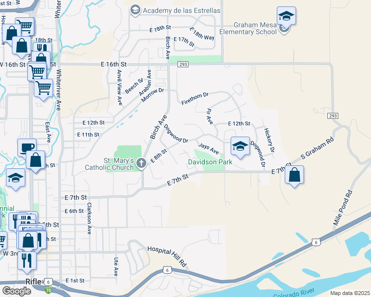 map of restaurants, bars, coffee shops, grocery stores, and more near 761 Elder Court in Rifle