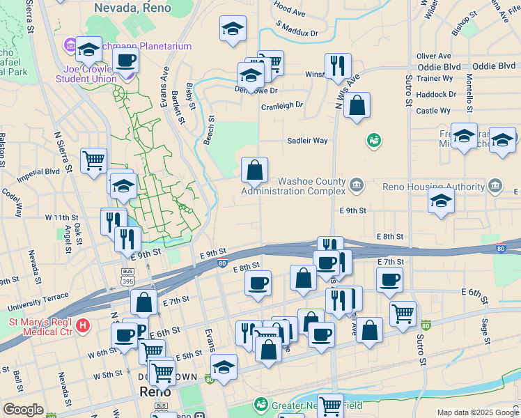 map of restaurants, bars, coffee shops, grocery stores, and more near in Washoe County