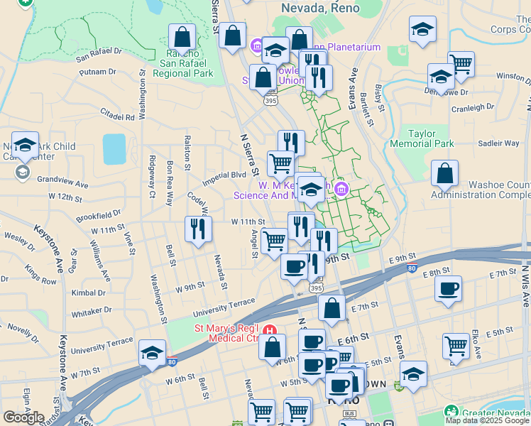 map of restaurants, bars, coffee shops, grocery stores, and more near 1114 North Sierra Street in Reno