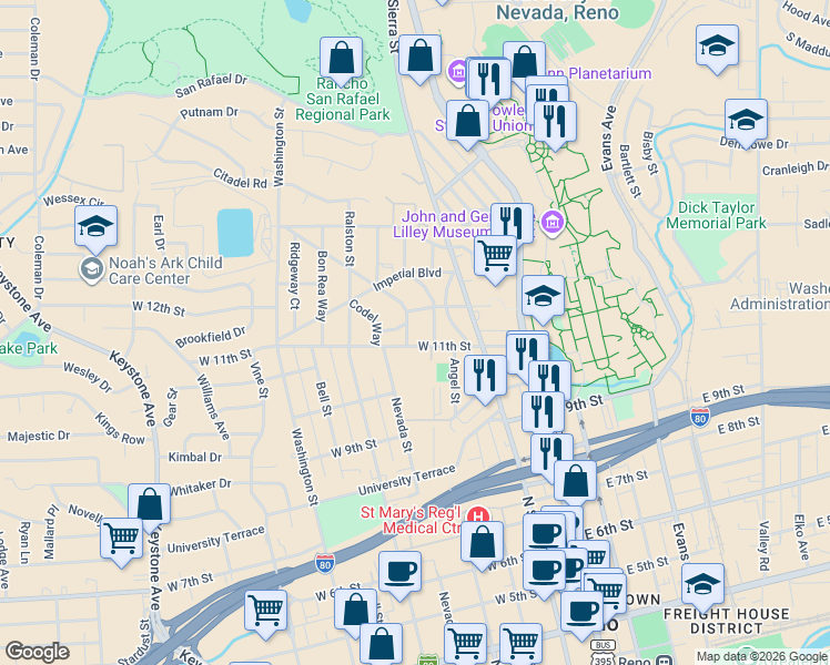 map of restaurants, bars, coffee shops, grocery stores, and more near 1101 The Strand in Reno