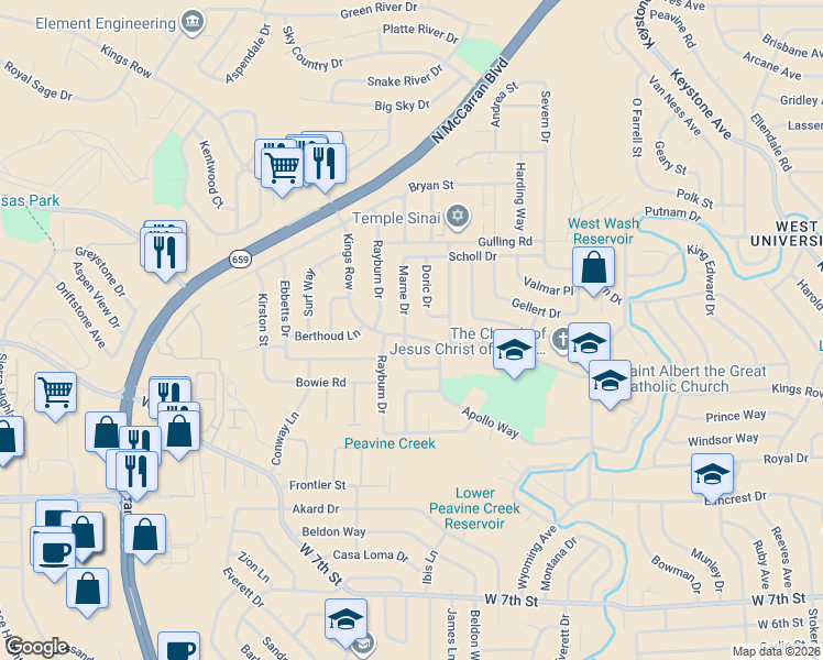map of restaurants, bars, coffee shops, grocery stores, and more near 3055 Kings Row in Reno