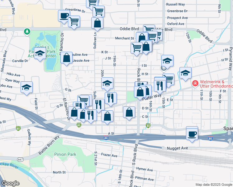 map of restaurants, bars, coffee shops, grocery stores, and more near 650 19th Street in Sparks