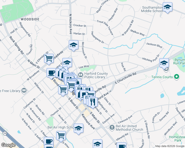 map of restaurants, bars, coffee shops, grocery stores, and more near 205 East Pennsylvania Avenue in Bel Air