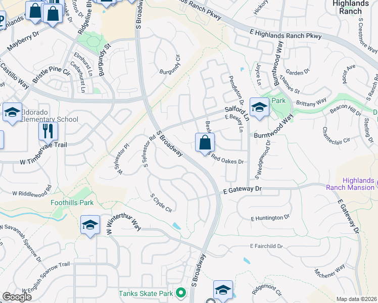 map of restaurants, bars, coffee shops, grocery stores, and more near 9787 Estack Court in Littleton