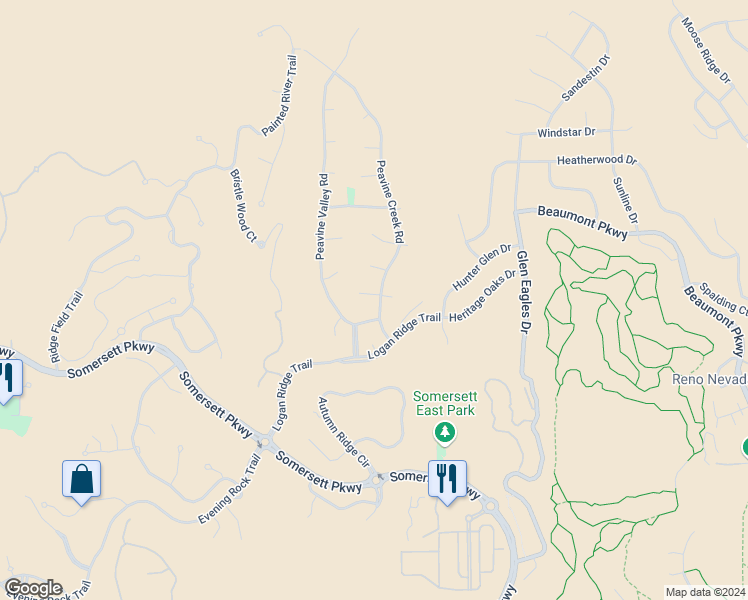 map of restaurants, bars, coffee shops, grocery stores, and more near 7700 Moose River Court in Reno