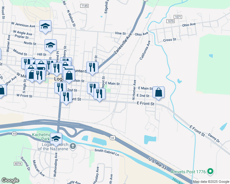 map of restaurants, bars, coffee shops, grocery stores, and more near 590 East 2nd Street in Logan