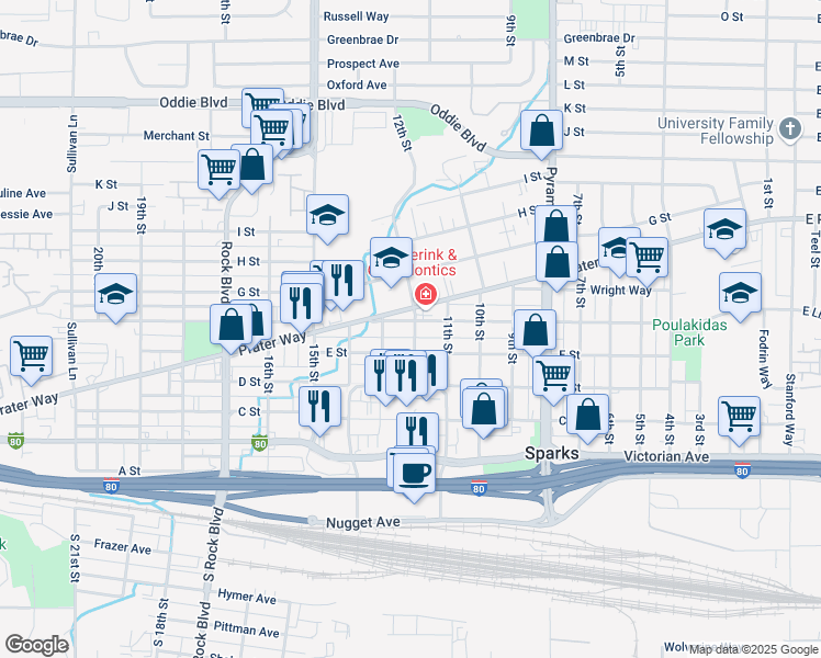 map of restaurants, bars, coffee shops, grocery stores, and more near 529 12th Street in Sparks