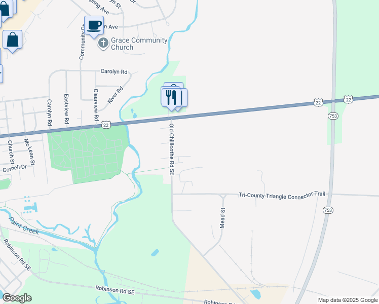 map of restaurants, bars, coffee shops, grocery stores, and more near 2030 Heritage Drive in Washington Court House