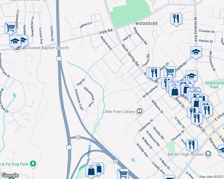 map of restaurants, bars, coffee shops, grocery stores, and more near 395 Loch Doon Trail in Bel Air