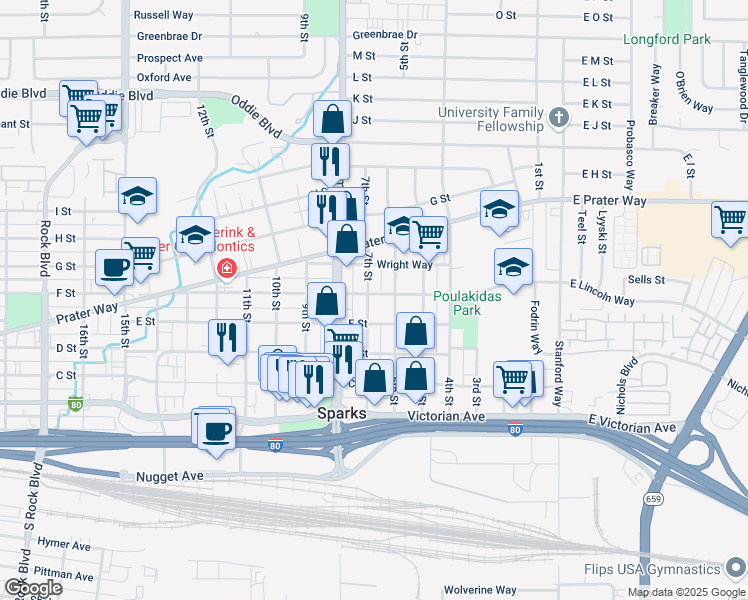map of restaurants, bars, coffee shops, grocery stores, and more near 543 6th Street in Sparks