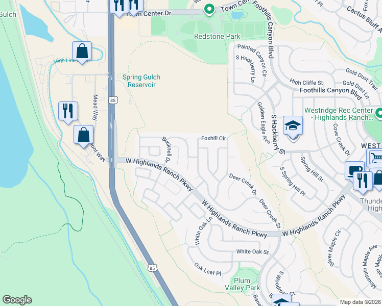 map of restaurants, bars, coffee shops, grocery stores, and more near 9795 Bucknell Way in Littleton